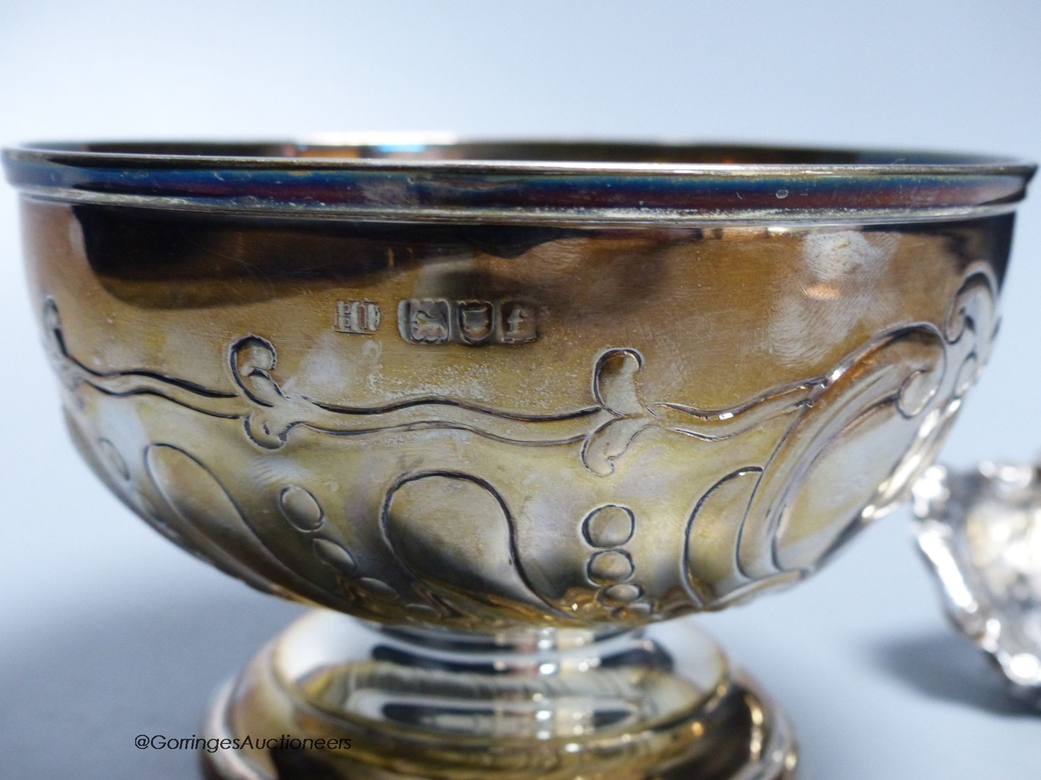 A late Victorian silver pedestal sugar bowl, makers mark HF, London 1901, 7.5oz., 13cm and a white metal tea strainer